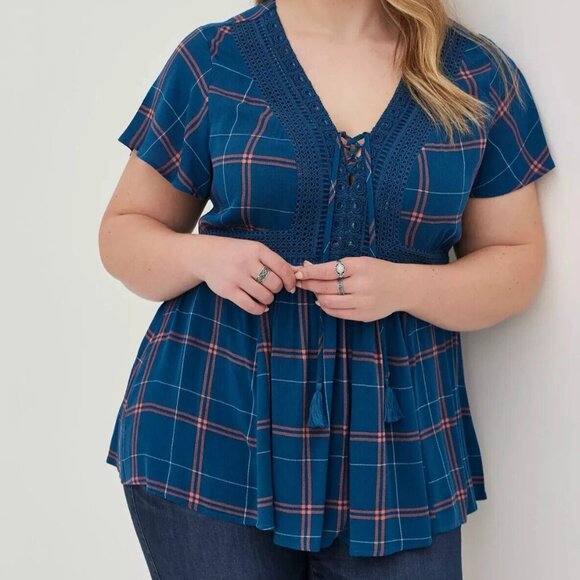 Torrid Babydoll Plaid Crinkle Gauze Crochet Inset Top Blue Plus Size 6X - Picture 1 of 13
